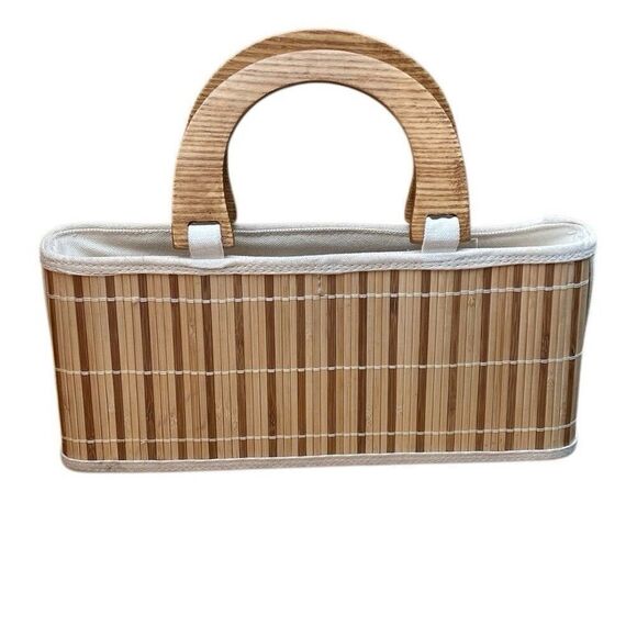 Bamboo Wood Slat Lined Purse, Handbag With Wood Handles  Rectangle 13x6x4 - Picture 1 of 10
